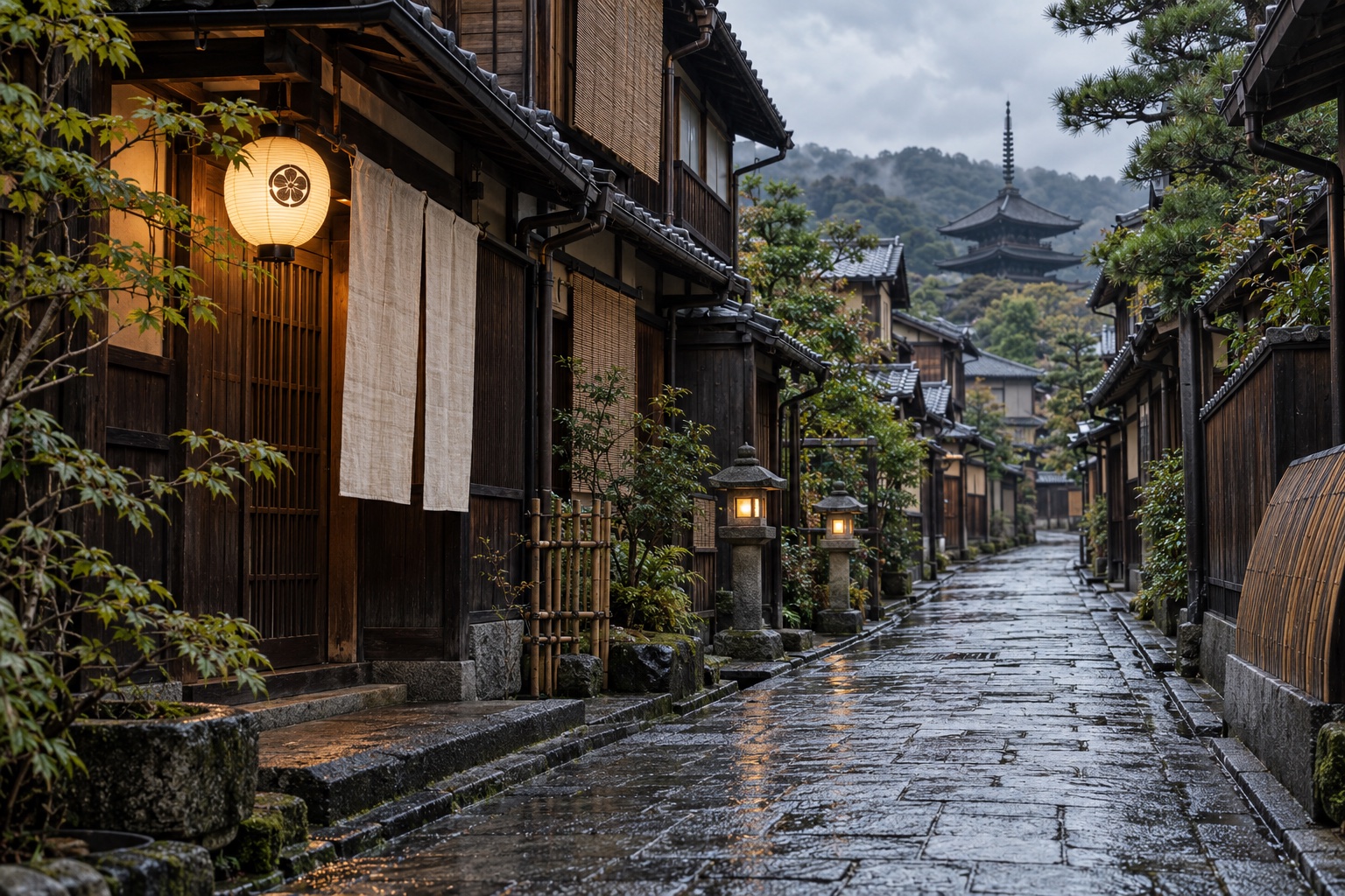 Rua tradicional de Kyoto com casas de madeira, lanternas e calçamento de pedra após a chuva