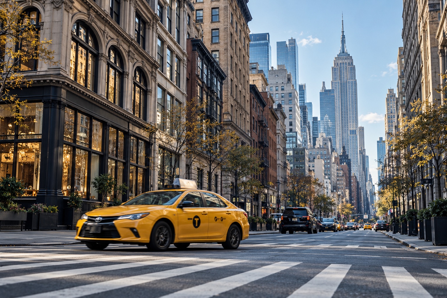 Táxi amarelo atravessa uma avenida de Manhattan sob a luz da manhã