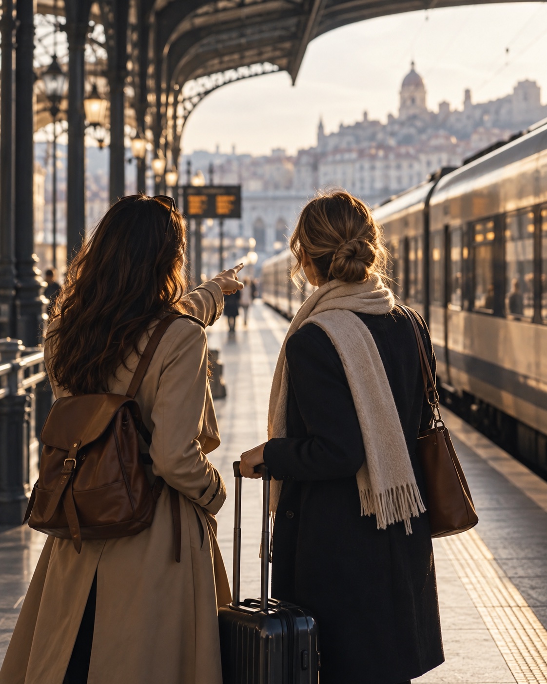 Duas mulheres vistas de costas conversam em uma estação de trem