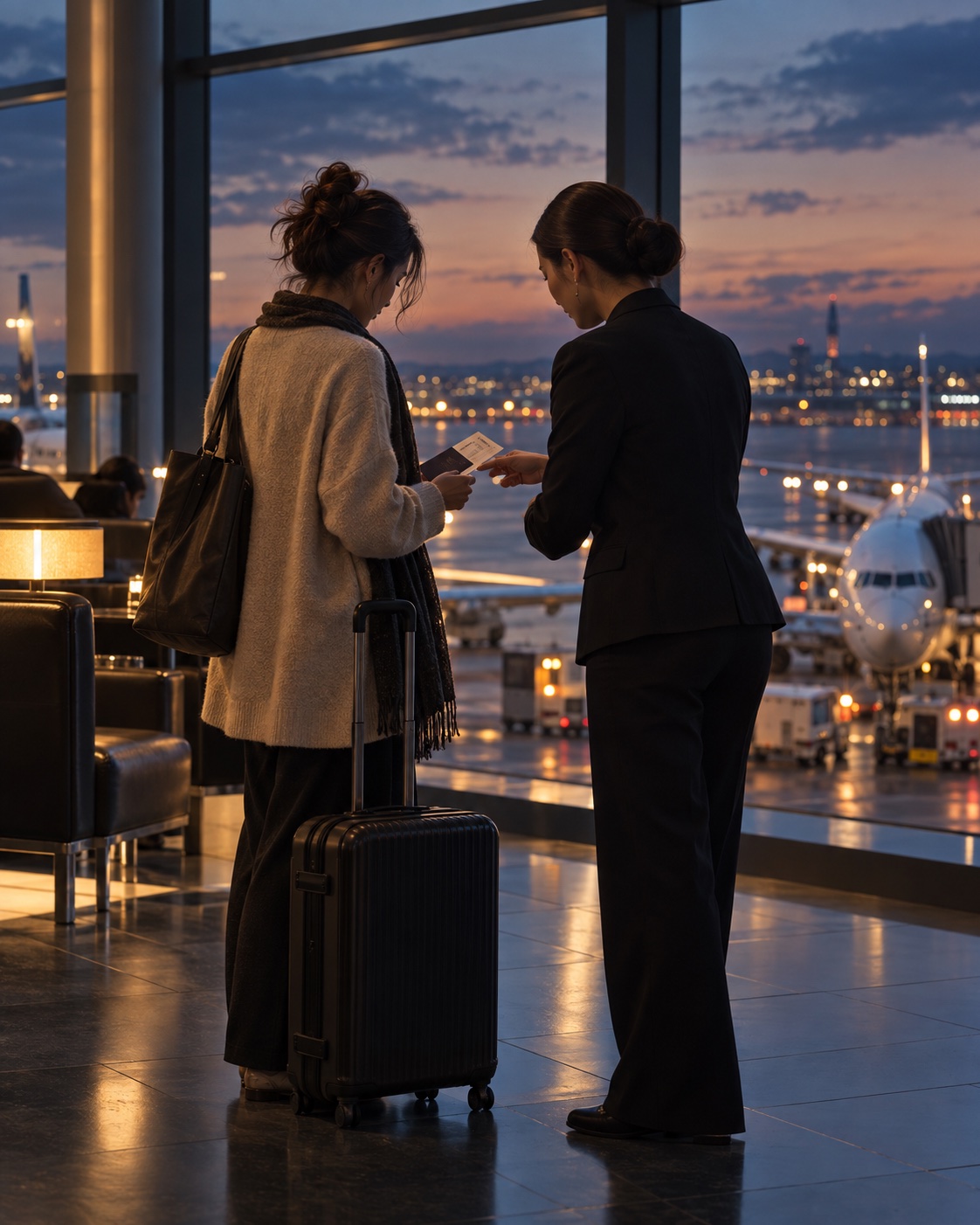 Duas viajantes conversam em um aeroporto enquanto consultam documentos de viagem
